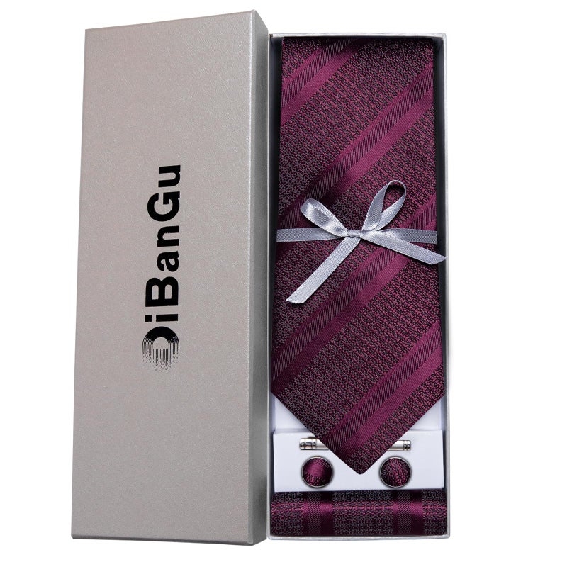 DiBanGu Mens Striped Tie Silk Woven Necktie and Pocket Square Cufflinks Tie Clip Set Wedding Business Formal, Burgundy - Image 4